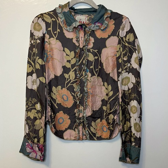 Johnny Was Tops - Johnny Was Floral Silk Ruffle Blouse FLAW
